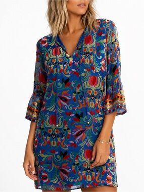 Johnny Was Sofiya Primula Burnout Silk Tunic Dress Blue Floral sz Medium NEW